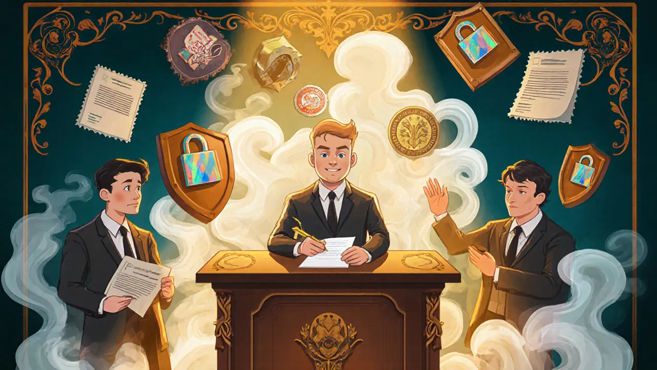 Собственник подаёт заявление в МФЦ для защиты недвижимости, вокруг — символы защиты.