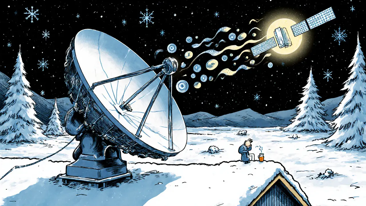 Спутниковая тарелка на снегу направлена на спутник, данные идут с задержкой, вокруг — зимний пейзаж.
