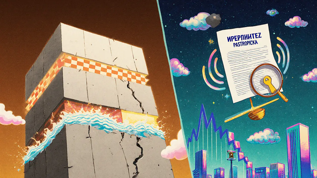 Сравнение монолитного дома и панельного: звукоизоляция против шумов, с психоделическими символами качества и рисков.