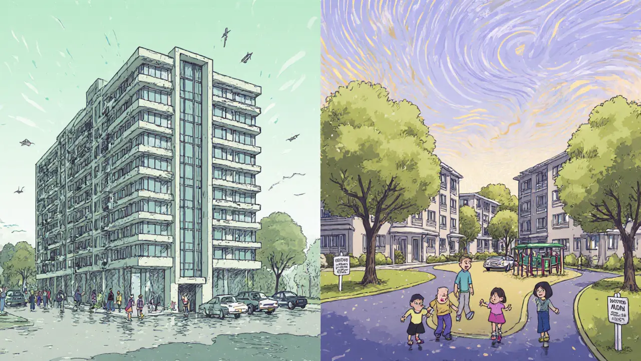 Сравнение: переполненный дом с лифтом и парковкой против спокойного малоэтажного комплекса.
