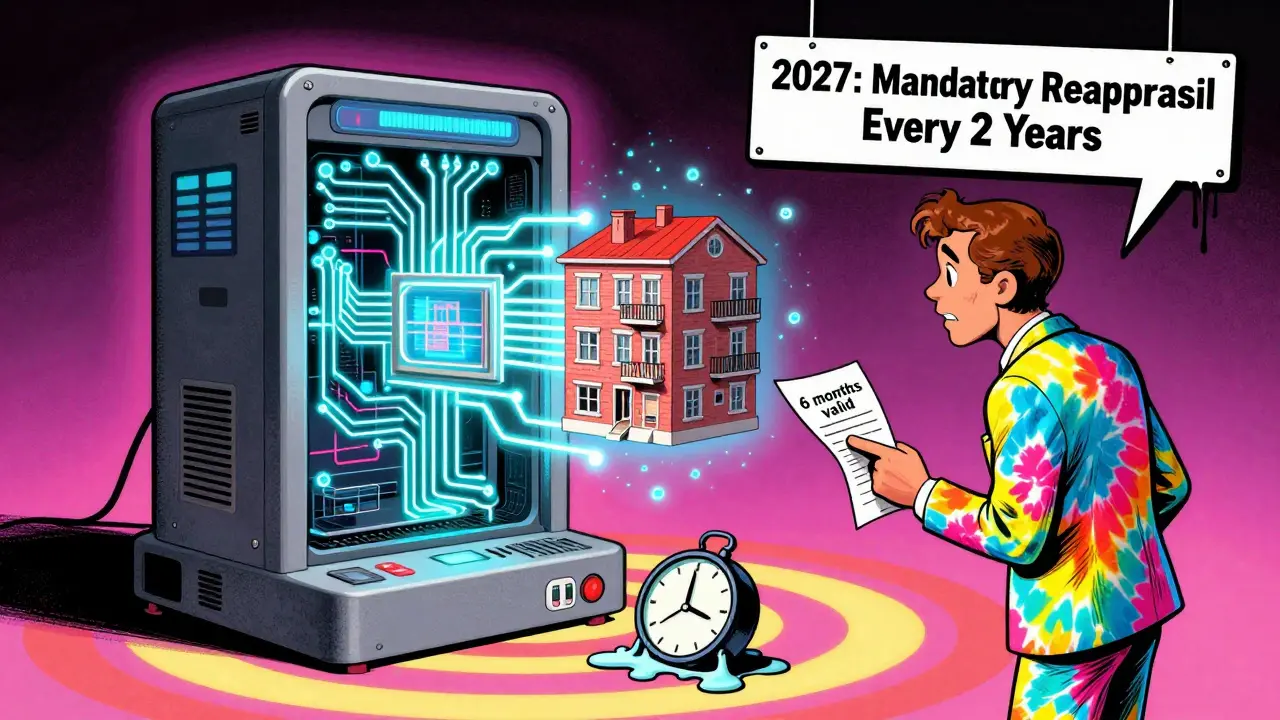 Автоматизированная система оценки с данными, человек в психоделическом костюме смотрит на часы, надпись &#039;2027&#039;.