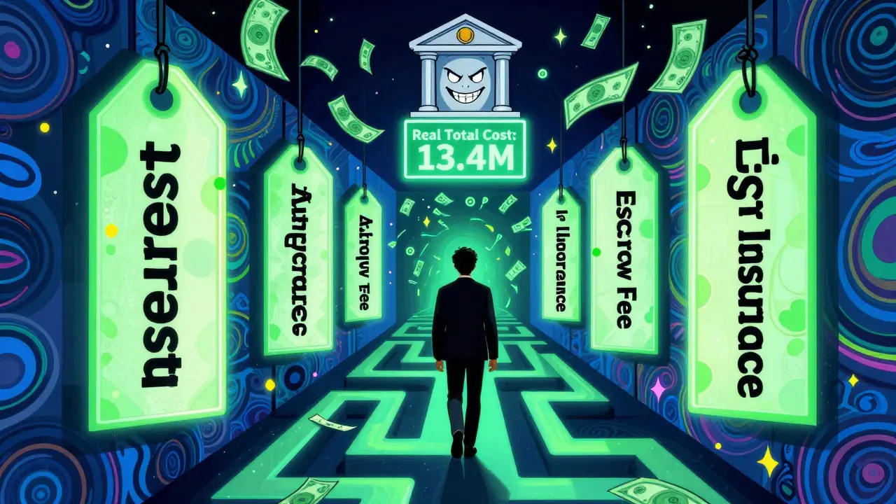 Человек идет по лабиринту из скрытых комиссий по ипотеке, окружённый светящимися ценами.