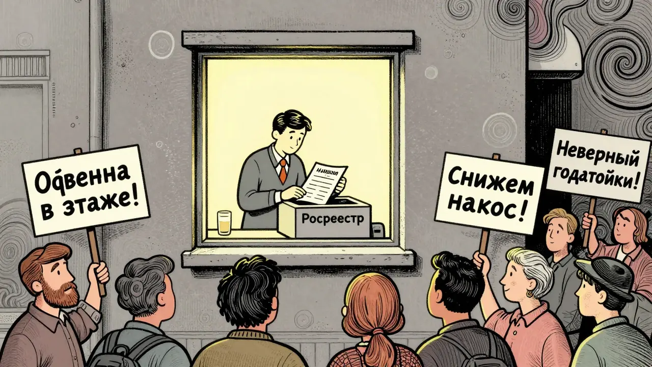 Человек подает отчет оценщика в бюрократическую машину, вокруг — люди с плакатами об ошибках в данных.