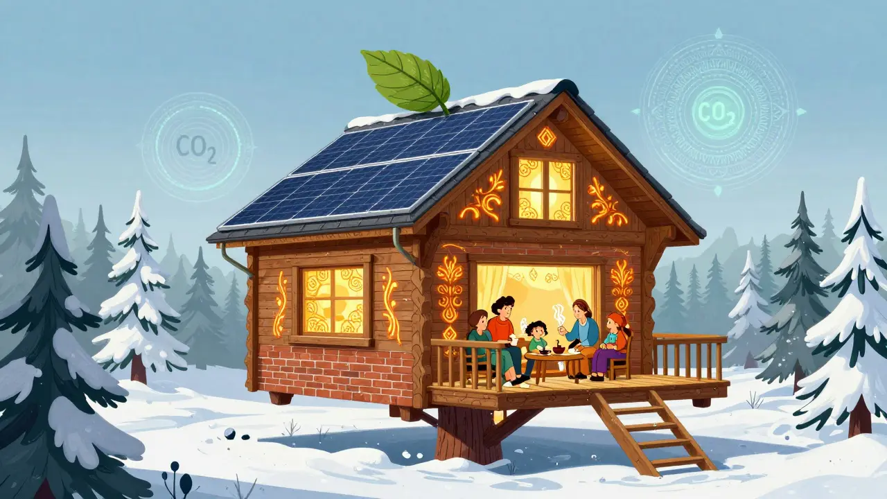 Дом с кирпичным цоколем и деревянным верхом в лесу, с панелями и узорами, символизирующими экологичность.