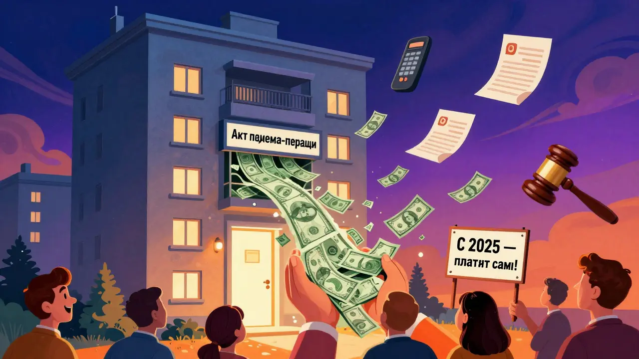 Дом сам платит деньги жильцам, символизируя новую систему 2025 года с психоделическим стилем.