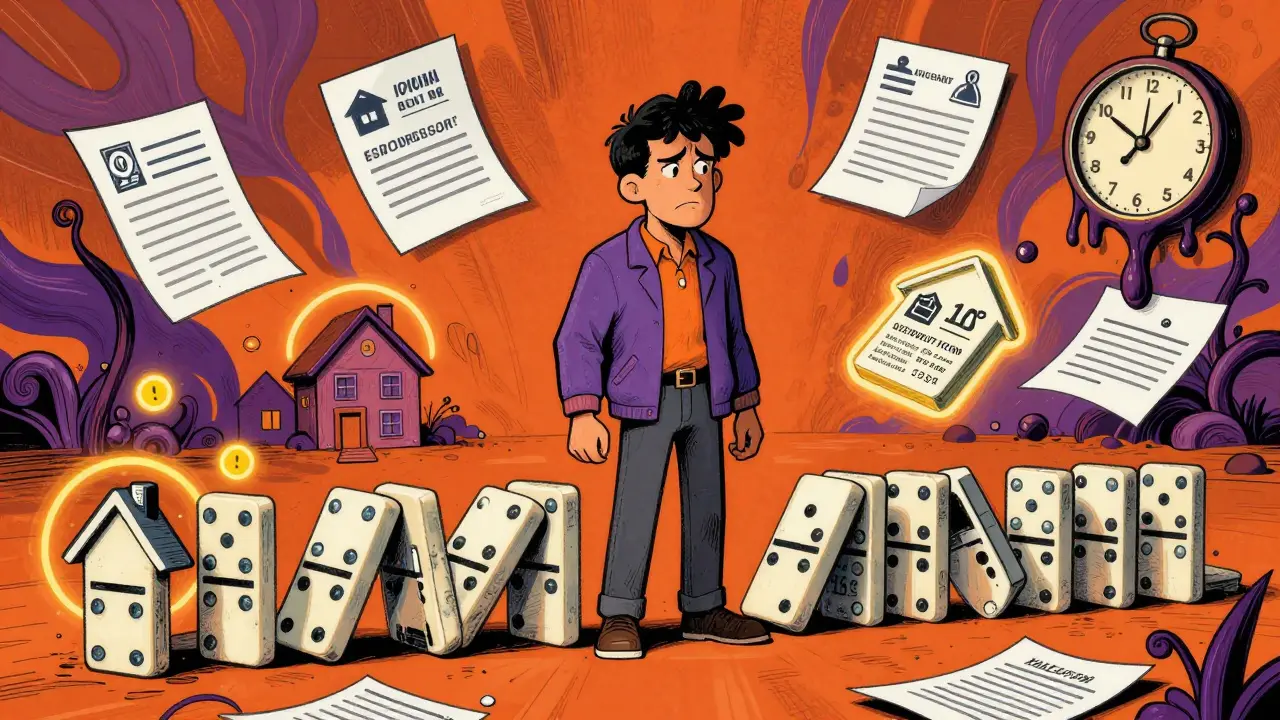 Домашние кости домино с ценами, одна падает, вокруг — документы и часы, символизирующие риск.