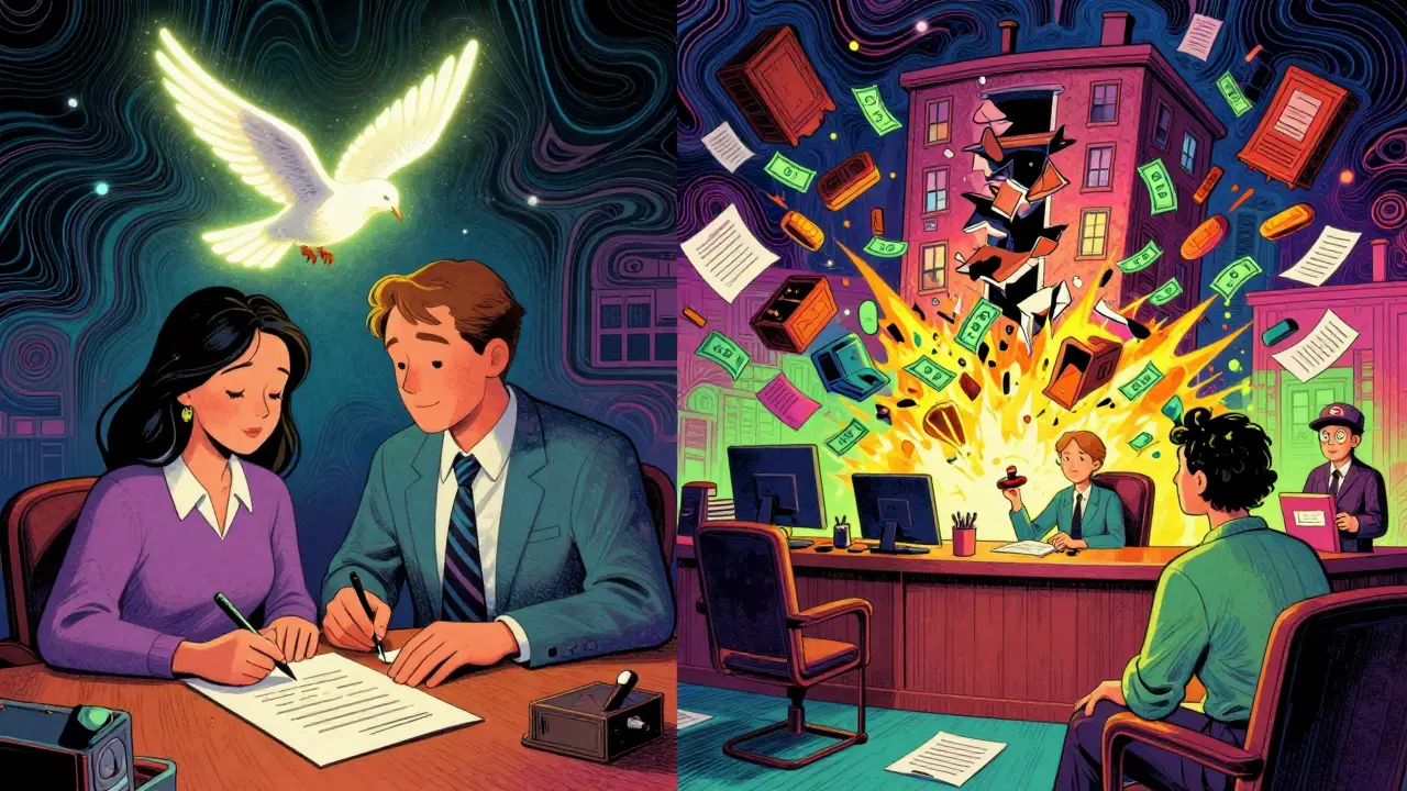 Два сценария: мирное соглашение слева, хаос суда справа — с разлетающейся квартирой и печатью СРО.