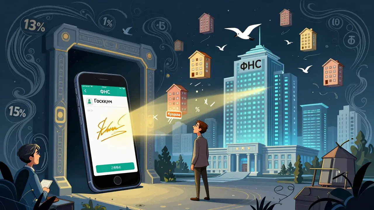 Электронная подпись Госключа соединяет пользователя с налоговой службой, над головой — символы продажи и покупки квартиры.