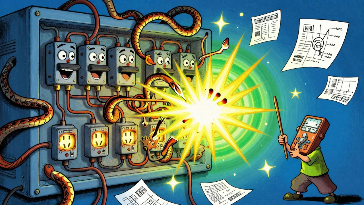 Электрощит взрывается искрами, провода превращаются в змей, покупатель с мультиметром в центре хаоса.
