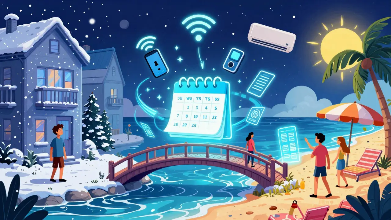 Гибридная модель аренды: зима и лето соединены календарем, умными замками и светящимися символами.