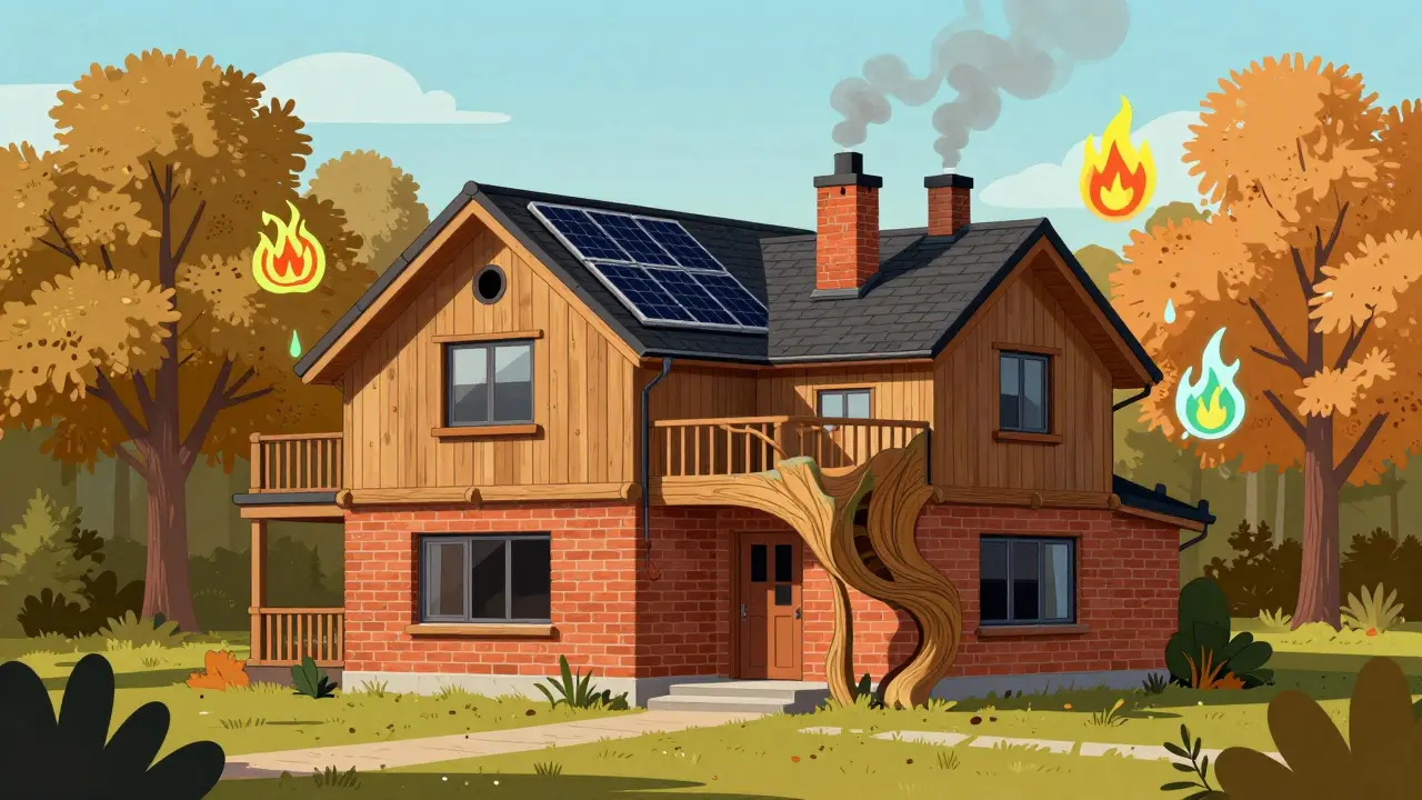 Гибридный дом: кирпич внизу, дерево сверху, с солнечными панелями и витыми узорами вокруг.
