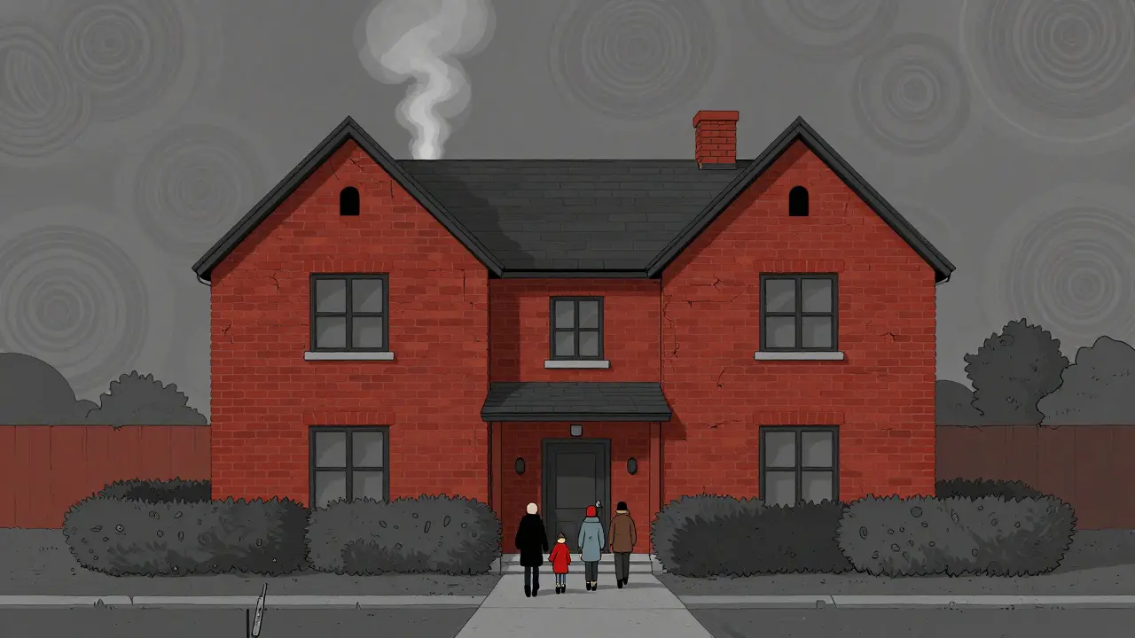 Кирпичный дом зимой с теплом, поднимающимся от крыши, и семьёй у двери.