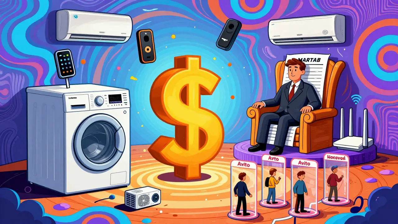 Квартира как бизнес-машина с устройствами, создающими доход, в ярком психеделическом стиле.