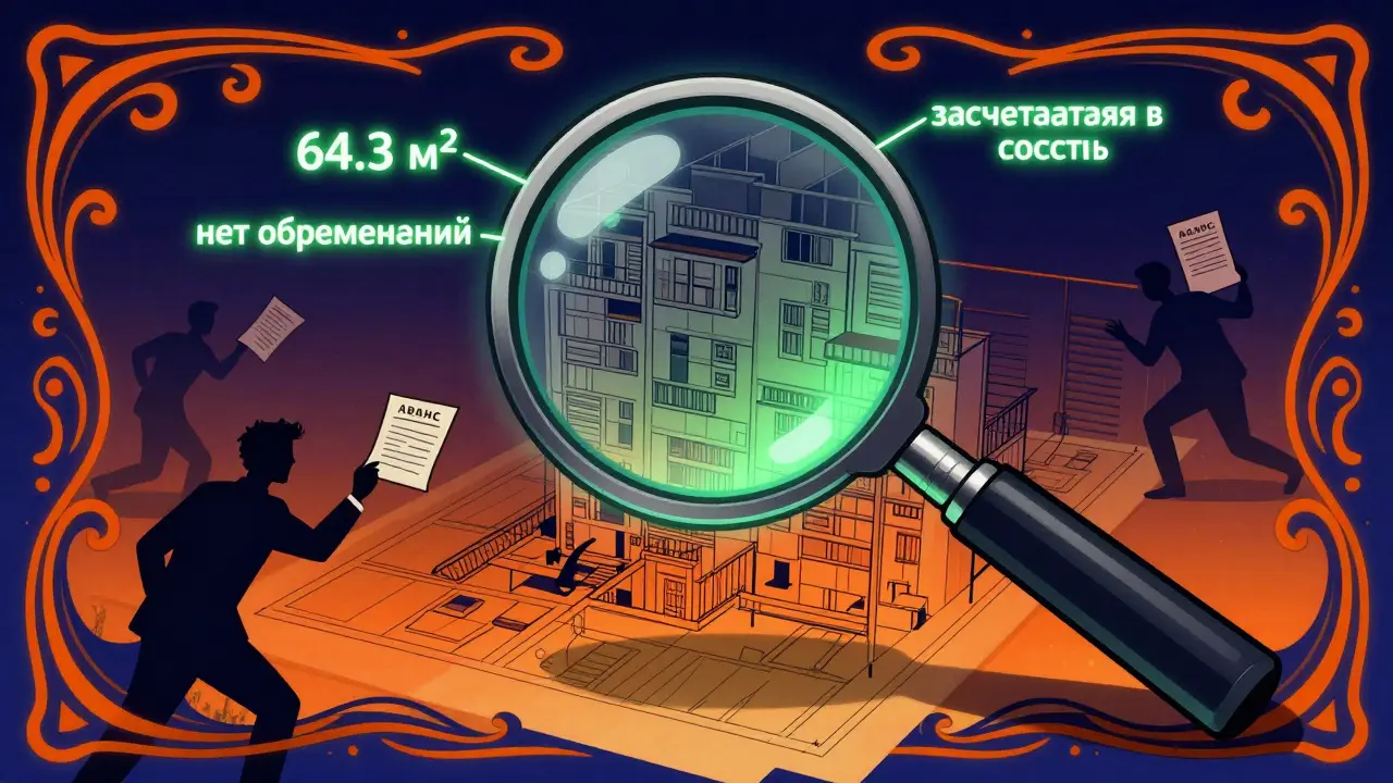 Лупа проверяет план квартиры с юридическими пометками, тени пытаются подменить документы.