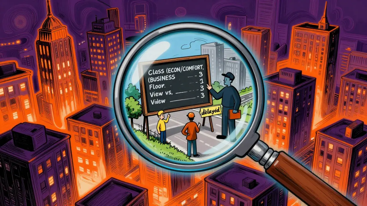 Магнификатор над кварталом, показывающий сравнение классов, этажей и застройщика с предупреждениями.