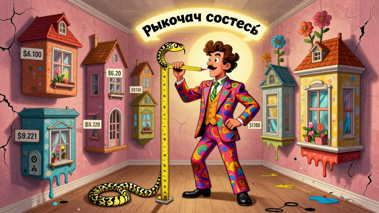 Оценщик измеряет квартиру змеевидной лентой, вокруг — плавающие аналоги с ценниками, превращающимися в цветы.