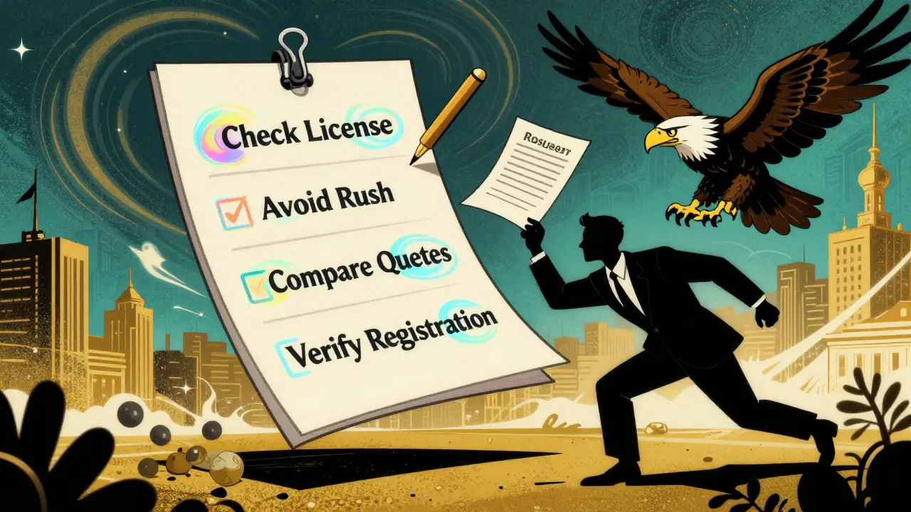 Плавающий чек-лист проверки оценщика, преследуемый орлом с печатью Росреестра в стиле Веса Уилсона.