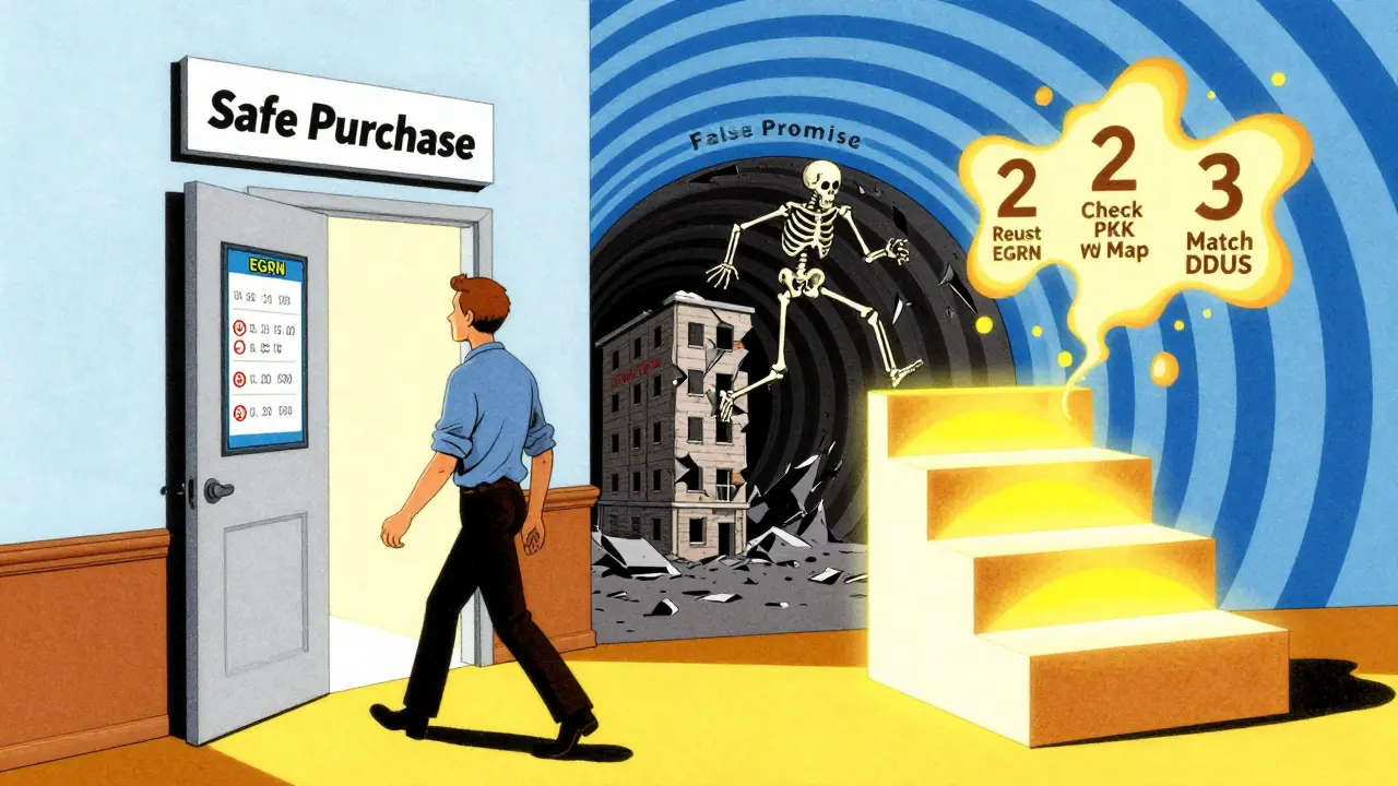 Покупатель идет к безопасной сделке, а за спиной — тоннель обмана с разваливающимся домом и шагами проверки.