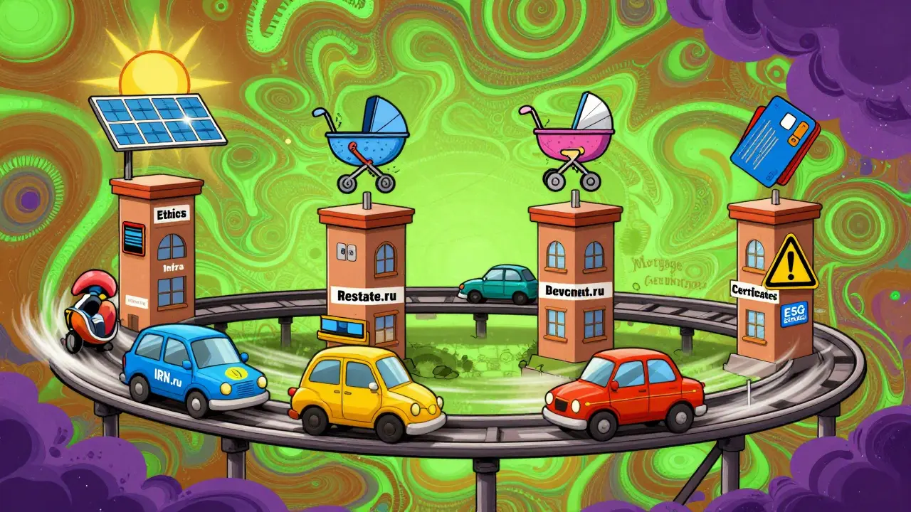 Психеделические роликовые дорожки с инструментами анализа недвижимости и символами ипотеки, инфраструктуры и ESG.