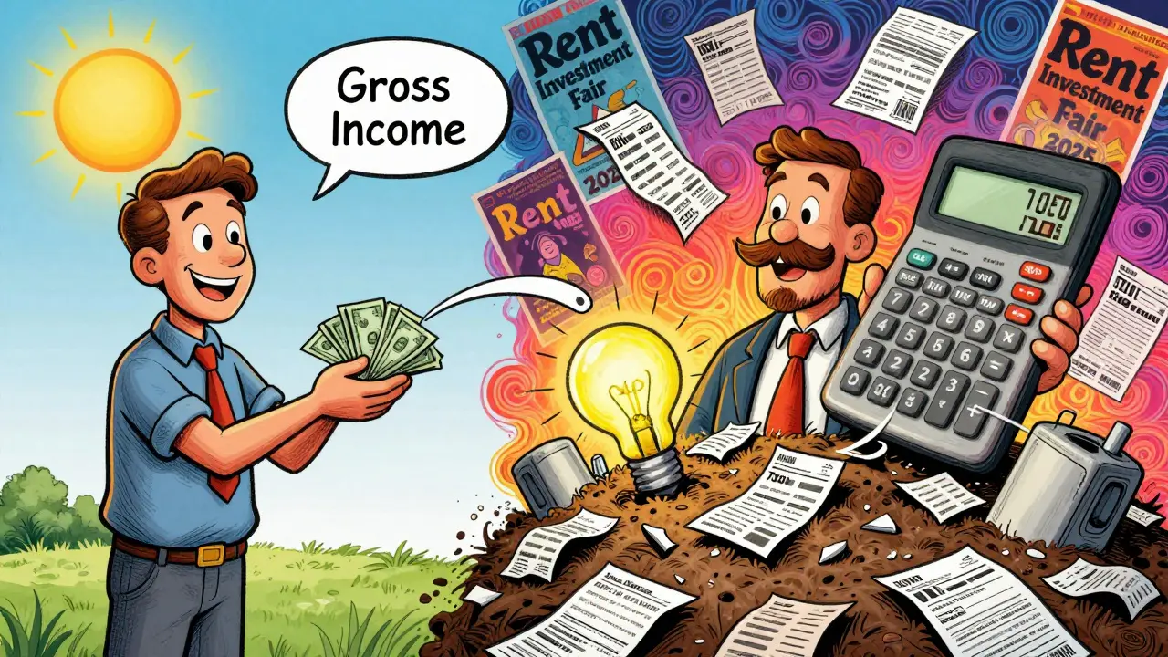 Разделенная сцена: довольный арендодатель и тот же человек, погребенный под счетами и расходами