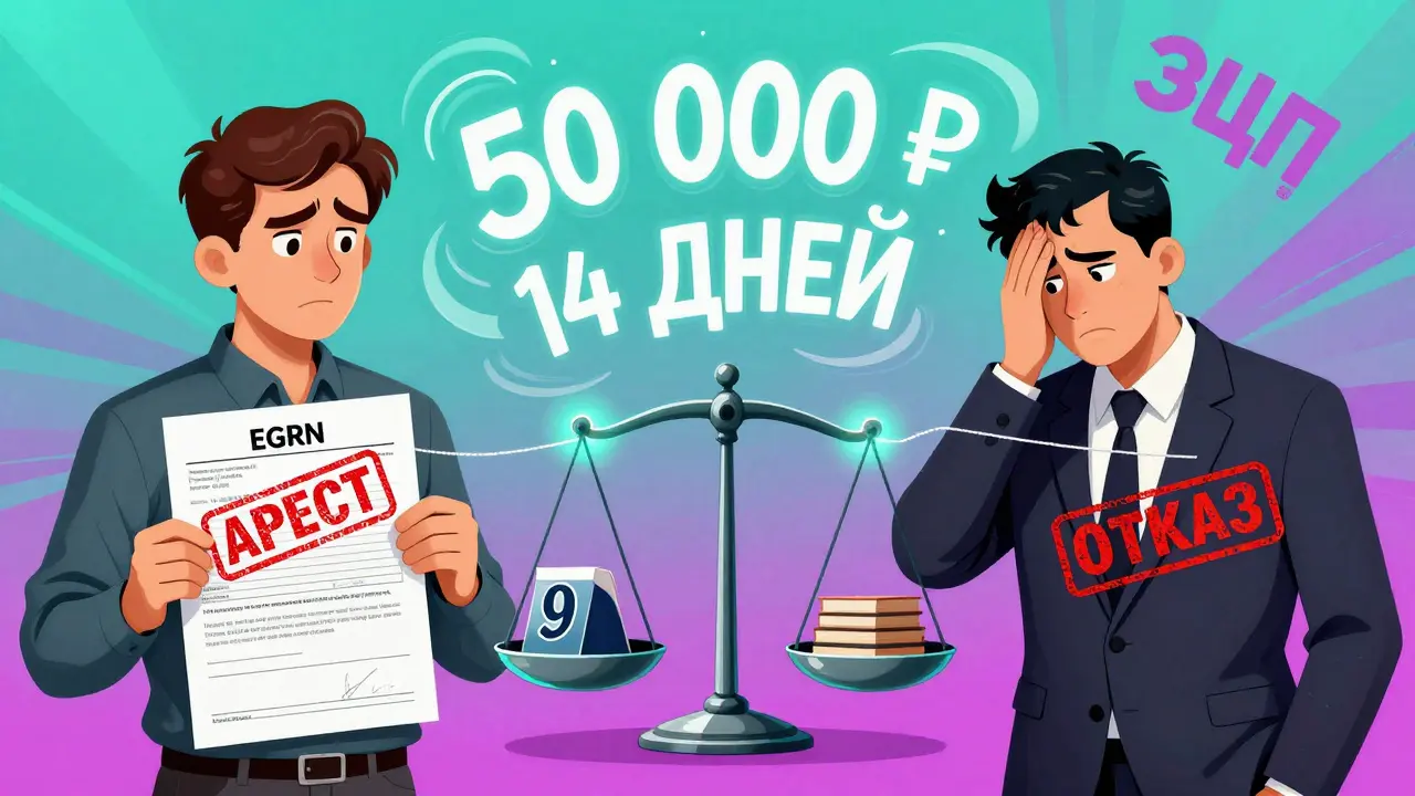 Разделённая сцена: покупатель с выпиской ЕГРН и банк с отказом, соединённые договором и весами.