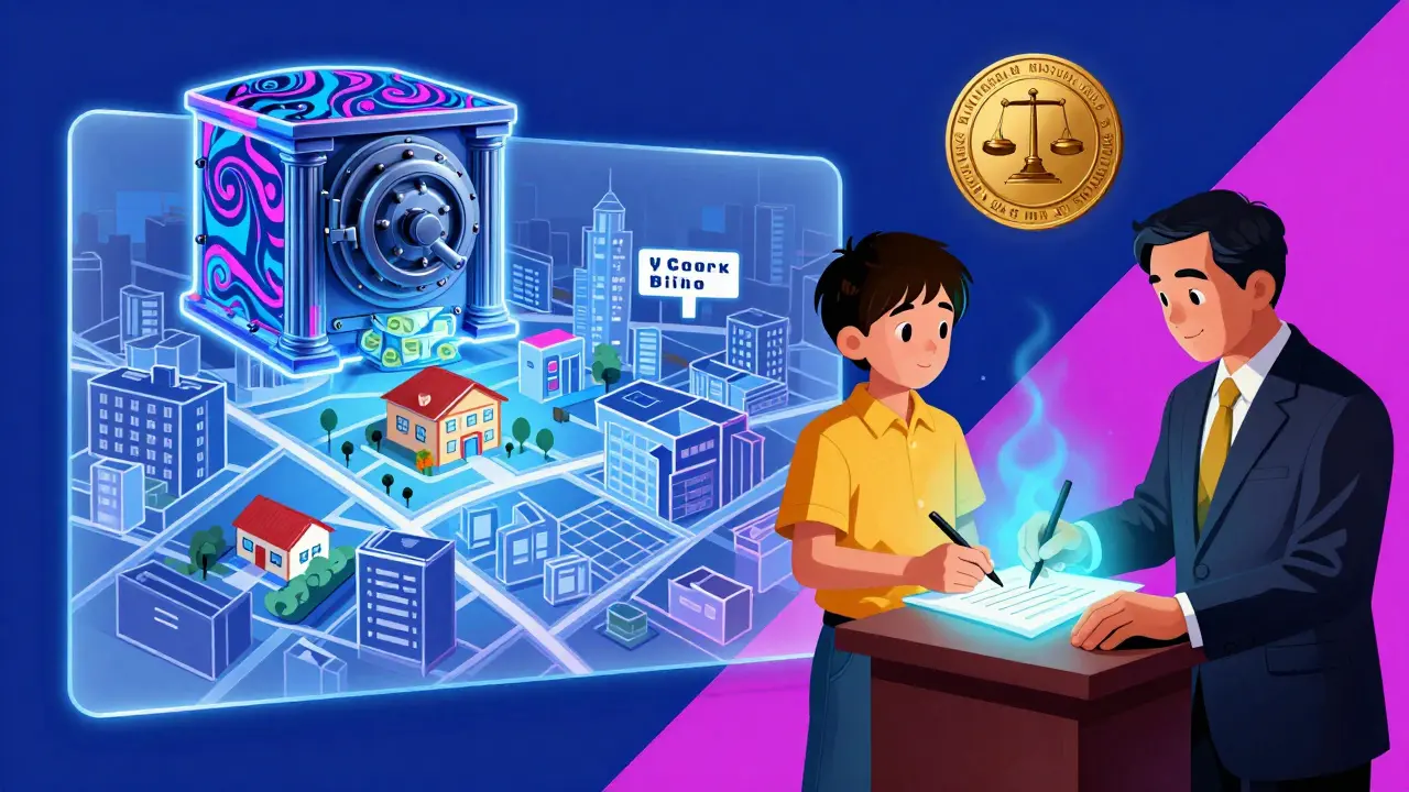 Ребёнок подписывает договор с нотариусом под светящимся юридическим печатью.