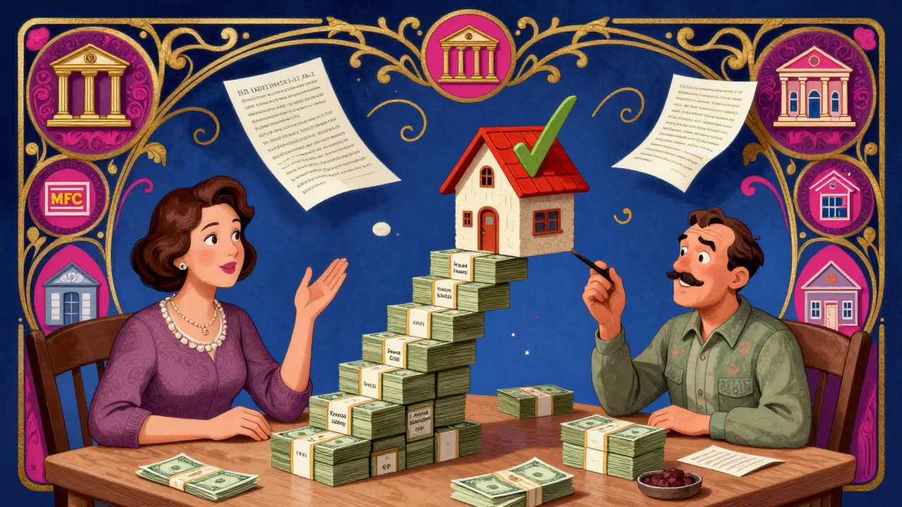 Родители складывают деньги как кубики, формируя лестницу к домику, вокруг — документы и символы банков.