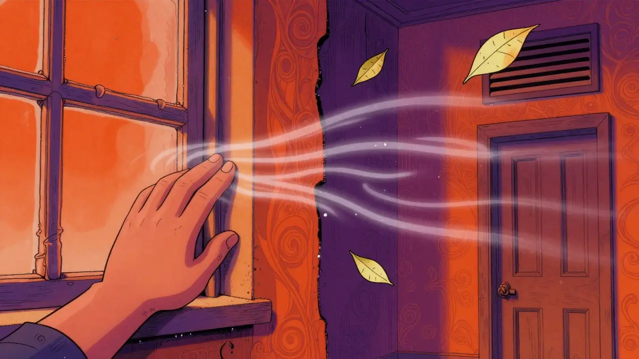 Рука проверяет окно на сквозняк, бумага прилипает к вентиляции, стены искажены в стиле Веса Уилсона.