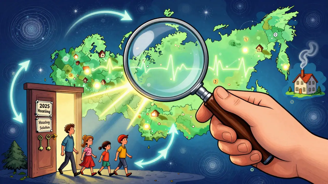 Рука с лупой рассматривает карту России с мерцающими домами в 83 регионах, семья идет через дверь решения жилищной проблемы.