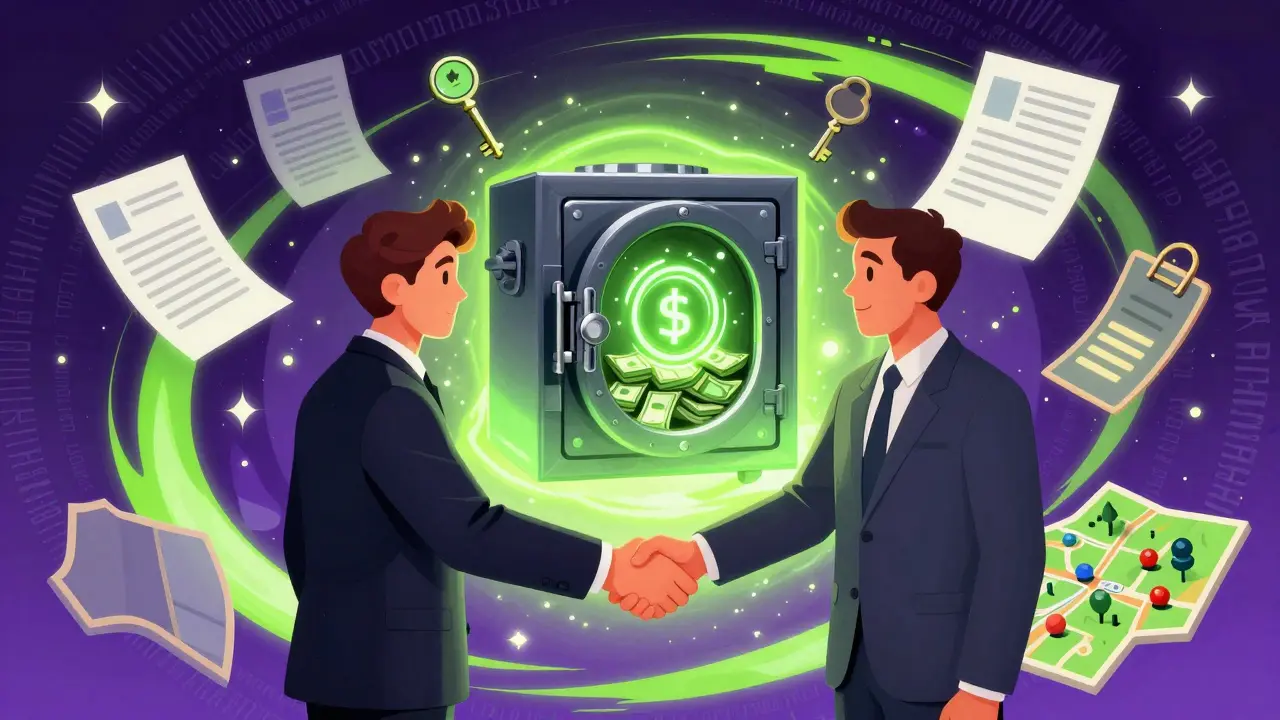 Руки пожимаются над банковской ячейкой с деньгами и ключом, вокруг — юридические символы.