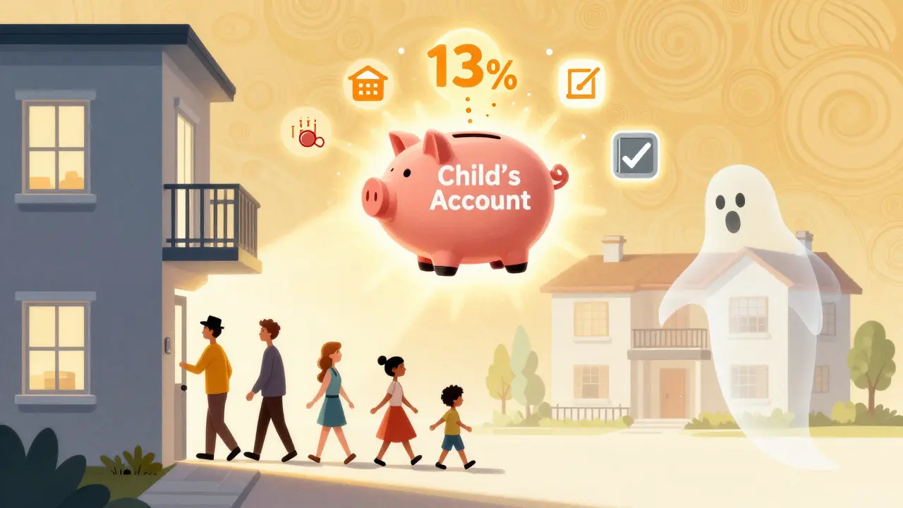 Семья входит в новую квартиру, старый дом исчезает, над ними светится счёт ребёнка.