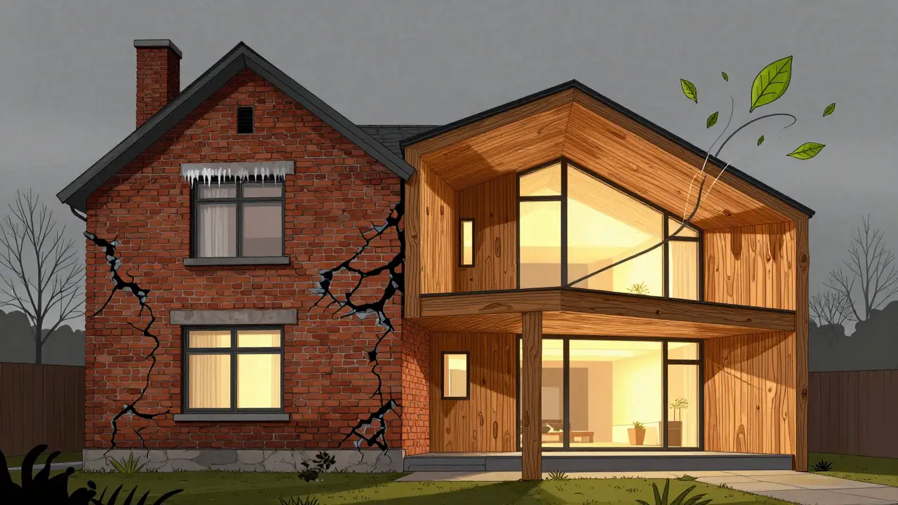 Сравнение кирпичного и деревянного дома: треснувший кирпич против тёплого дерева с живыми узорами.