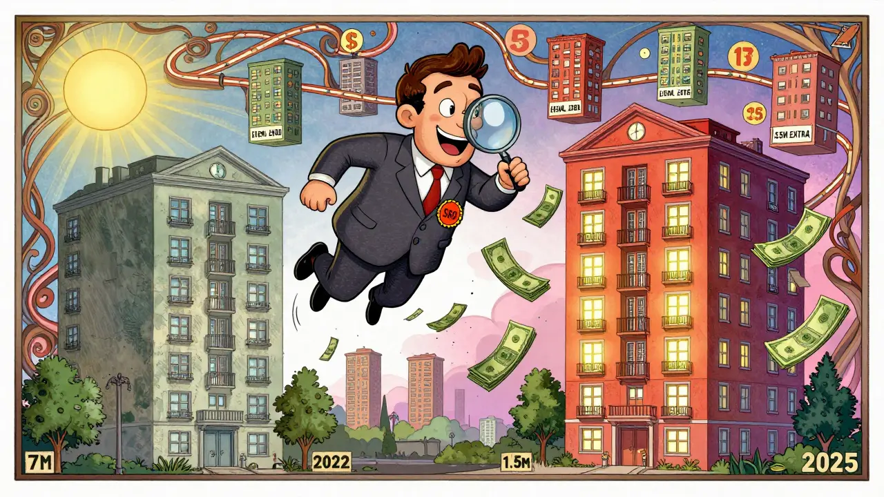 Сравнение квартиры 2022 и 2025 годов: одна тусклая, другая с деньгами, оценщик между ними.