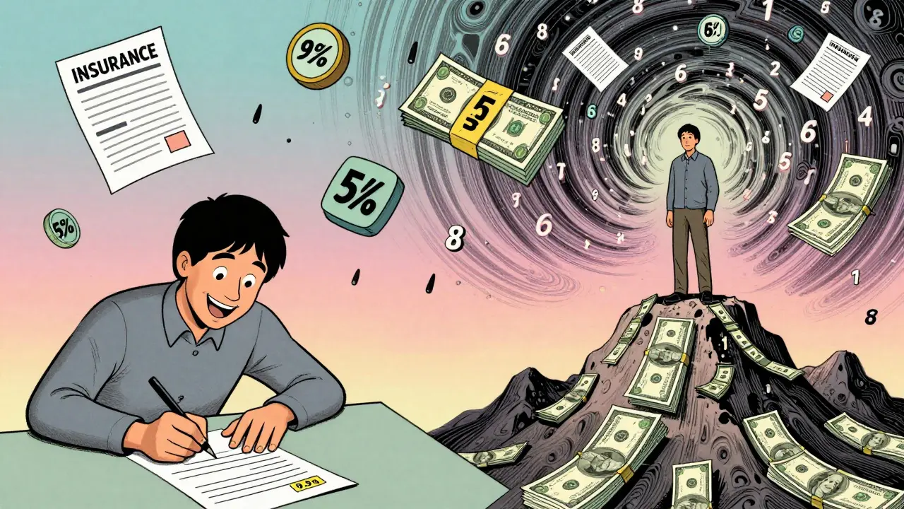 Сравнение: легкое оформление кредита слева и гора платежей справа с страховками и комиссиями.