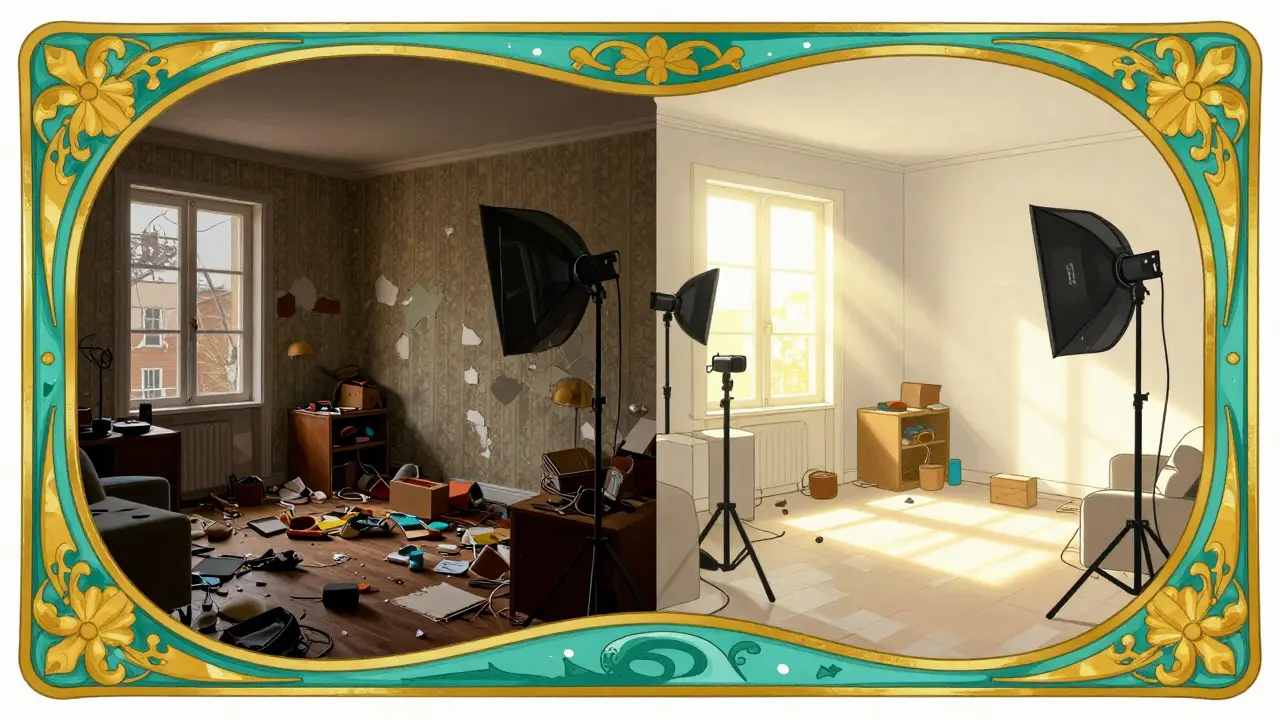 Сравнение запущенной и оформленной квартиры в стиле психоделической иллюстрации.