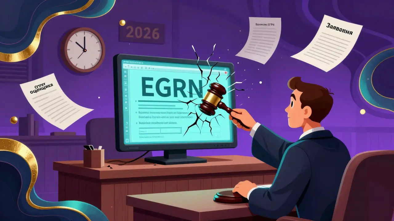 Судья бьет молотком по базе ЕГРН, которая трескается, показывая исправленную стоимость, вокруг — документы.