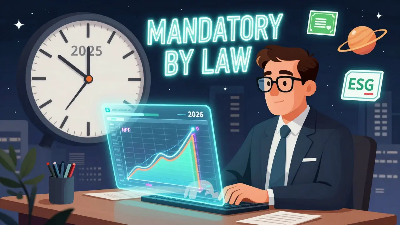 Аналитик в 2026 году с голографическим Excel, показывающим NPV и IRR, с надписью 'Обязательно по закону'.