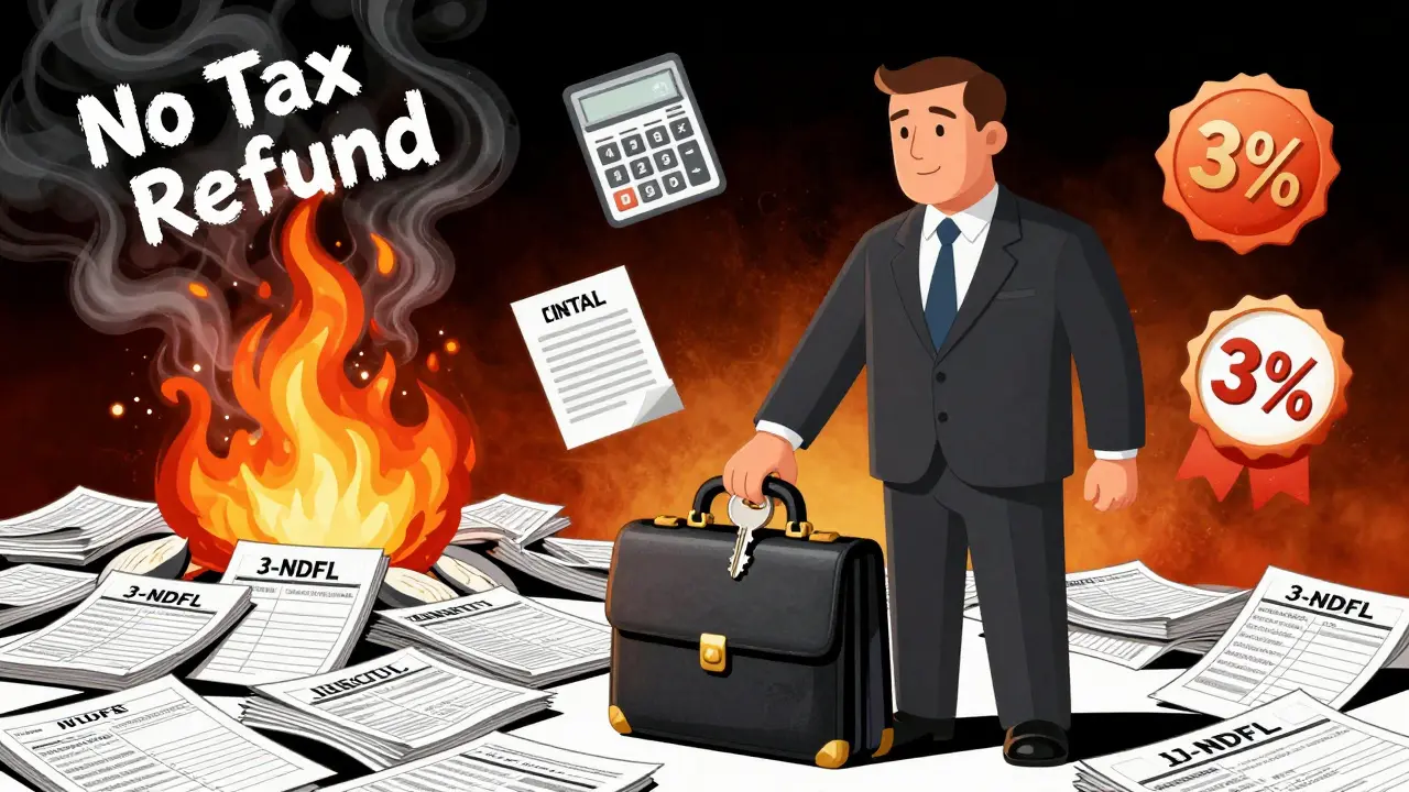 Бизнесмен превращает ключ от апартаментов в портфель с графиком амортизации, вокруг — документы и огонь отказов