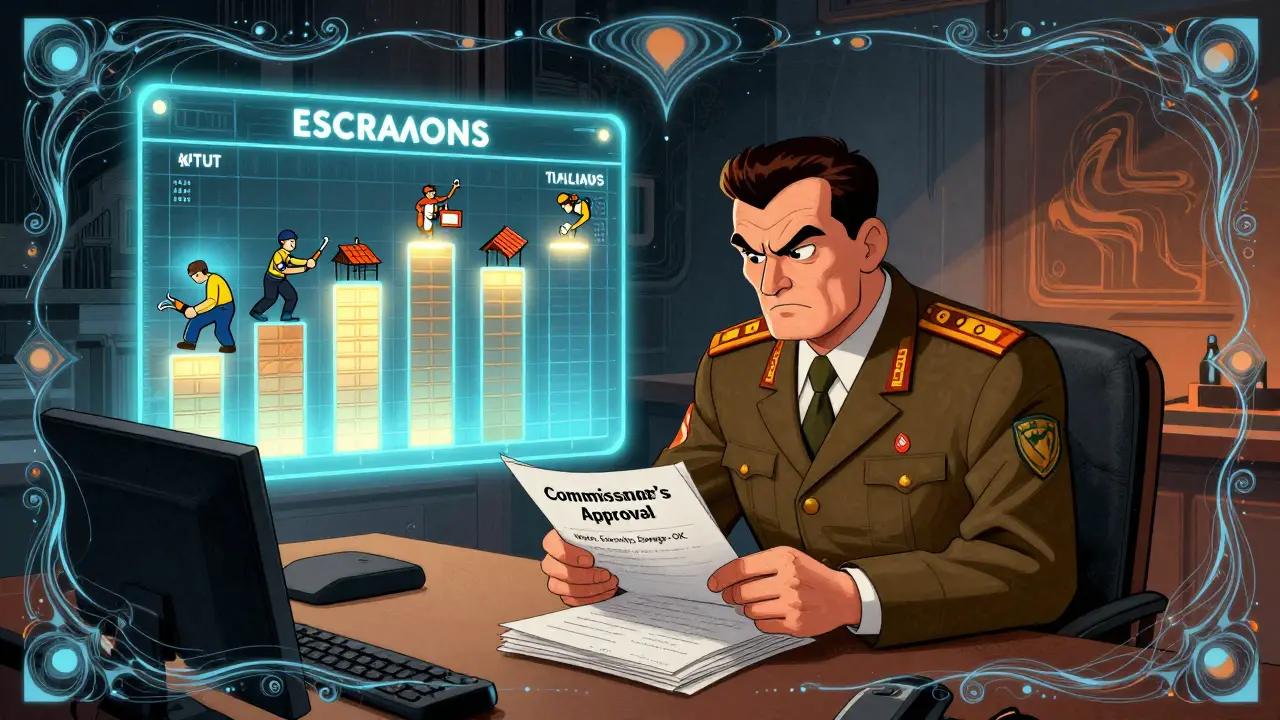 Бюрократ проверяет документы, а за ним светится эскроу-счет с этапами строительства.