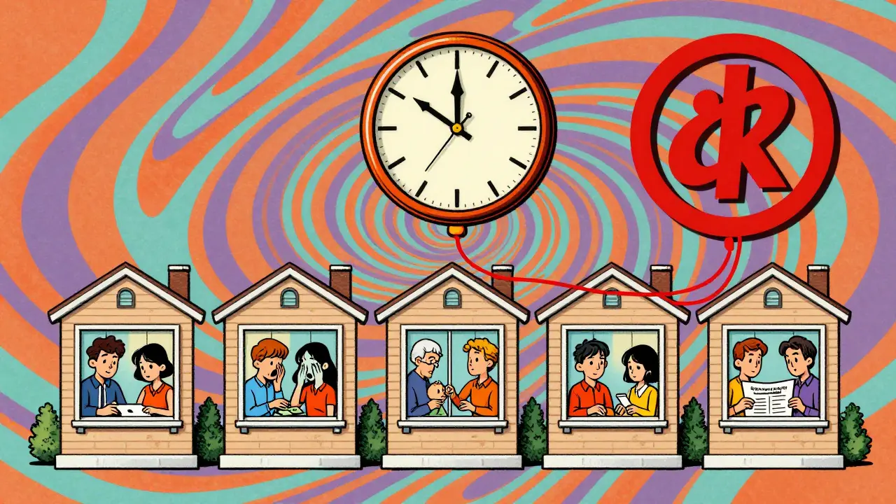 Часы на полдень показывают пять семей в разных квартирах, соединённых потоком денег в банковский аккредитив.