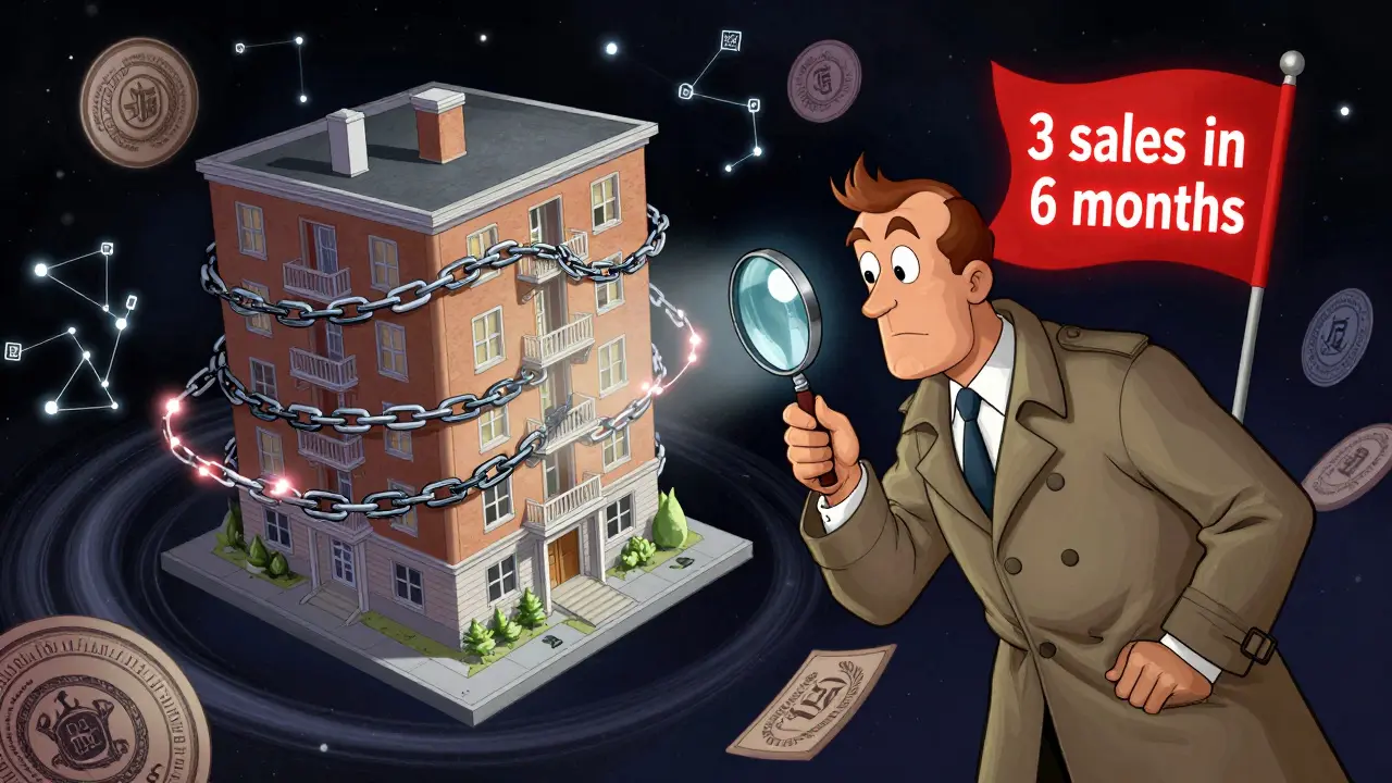 Детектив анализирует историю перехода прав квартиры, выявляя три быстрых продажи и ипотеку в виде цепей.