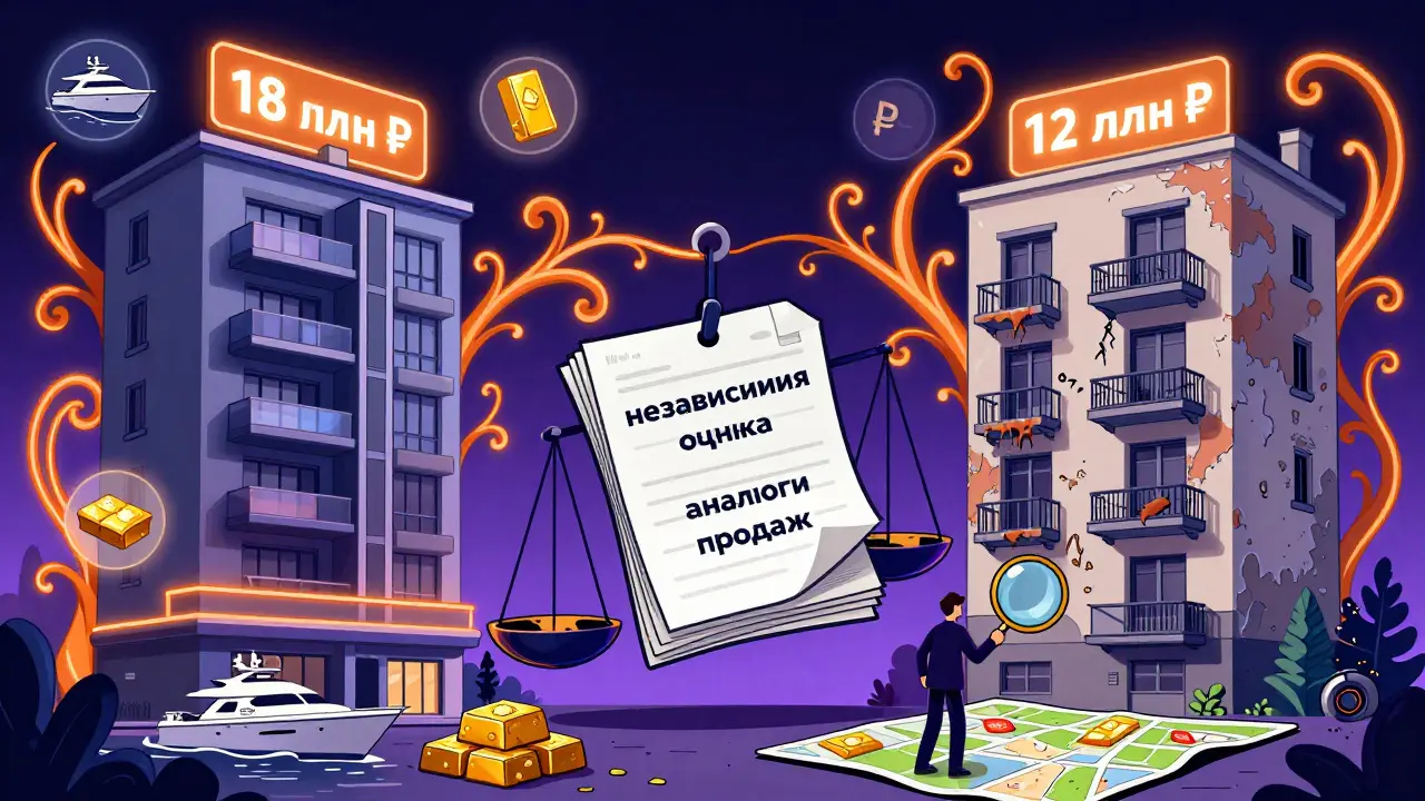 Два варианта одной квартиры: дорогой и реальный, разделены весами с документами оценки.