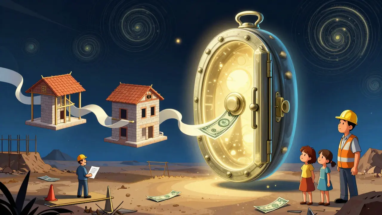 Эскроу-счет как замок над стройкой, этапы строительства светятся по мере проверки.