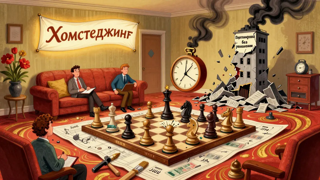 Финансовая шахматная доска с инструментами и часами, показывающая хомстеджинг против юридических рисков.