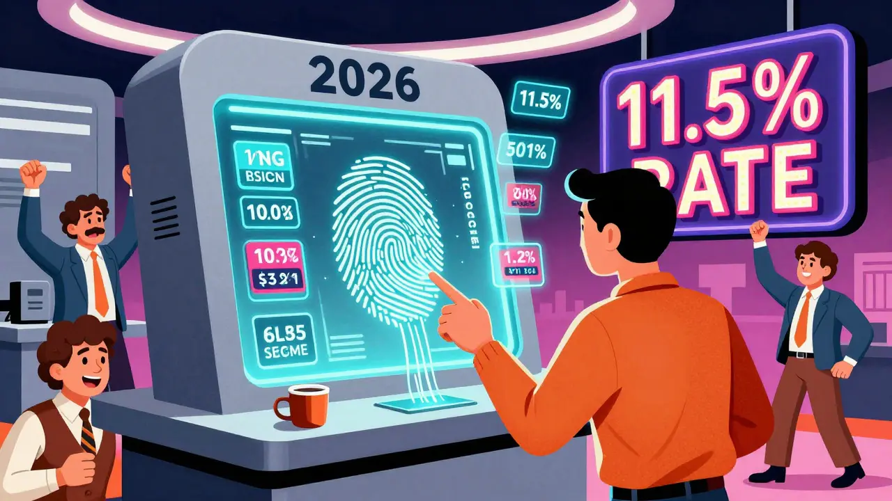 Финансовая система 2026 года автоматически передаёт данные из налоговой в банк, с пульсирующими цифрами и неоновыми символами ставок.