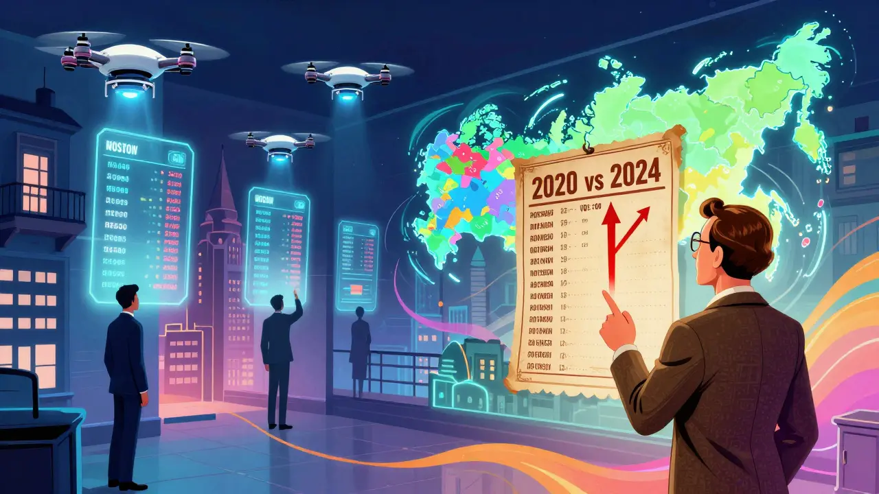 ИИ-дроны анализируют ремонт в квартире, а оценщик сравнивает цены Москвы и регионов в психоделическом визуальном стиле.