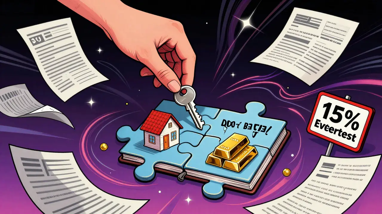 Ключ в портфеле с разными активами — недвижимость, золото, облигации — предупреждение 'Не вкладывай всё'.