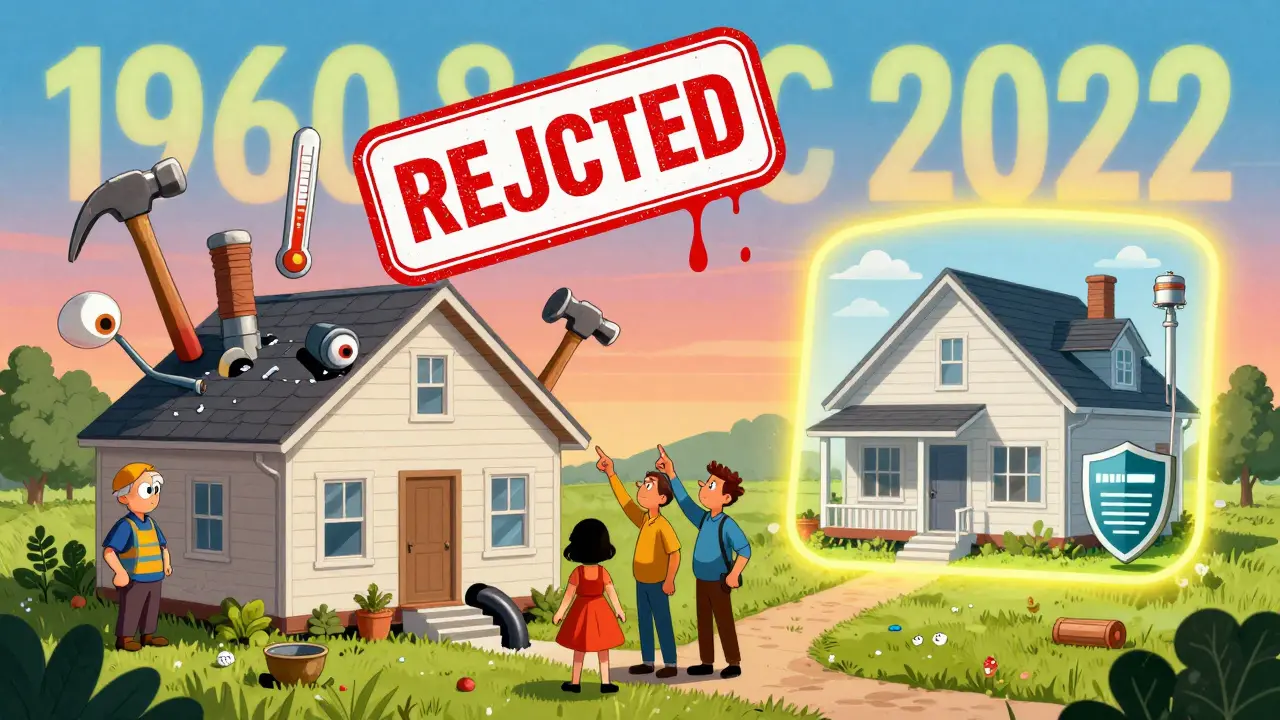 Комиссия осматривает дом без канализации, над ним — красная печать 'Отказано'.