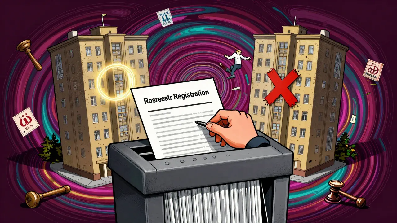 Контракт в шредере, две квартиры — одна с печатью, другая с красным крестом, психоделические узоры.