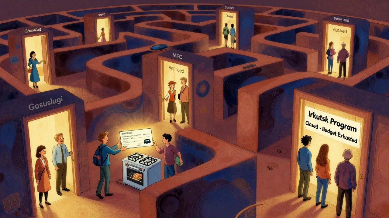 Лабиринт бюрократии с семьями, получающими или теряющими выплаты, в психоделическом стиле с газовой плитой, машиной и учебниками.